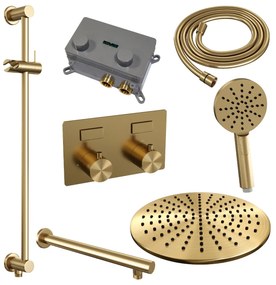 Brauer Gold Edition thermostatische inbouw regendouche met 3 standen handdouche, rechte muurarm, glijstang en hoofddouche 30cm set 68 messing geborsteld PVD