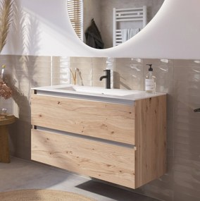Saqu Gaia voorgemonteerd badmeubel met aluminium greeplijst incl. matte keramische wastafel 101x46cm naturel eiken