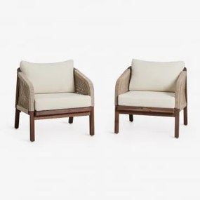 Set Van 2 Fauteuils Van Acaciahout Dubai Donker Acaciabruin & Stof Gardenia Wit - Sklum