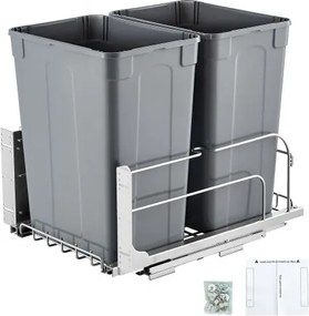 VEVOR Uittrekbare afvalbak (35 qt x2), dubbele onderbouwafvalbak voor in de keuken, prullenbak met deurset en soft-close schuif, voor keukenkastspoelbak onder het aanrecht (grijs)