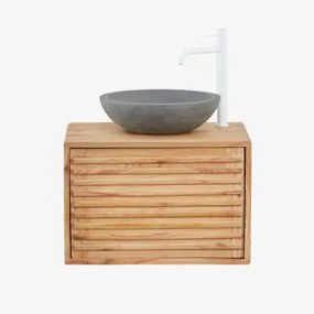 Deleyna Wandgemonteerde Houten Badkamermeubelset Natuurlijk Hout & Rond Grijs Cement Ø40 Cm Tarsis & Spiegelloze & Wit ↑30 Cm - Sklum