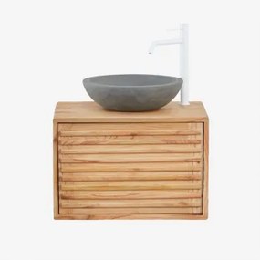 Hangend Badkamermeubelset 60x45 Cm In Hout Deleyna Natuurlijk Hout & Rond Grijs Cement Ø40 Cm Tarsis & Spiegelloze & Wit ↑30 Cm Met Aftapkraan Zonder