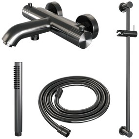 Brauer Stripe thermostatische badkraan met glijstang en staafhanddouche gunmetal geborsteld PVD