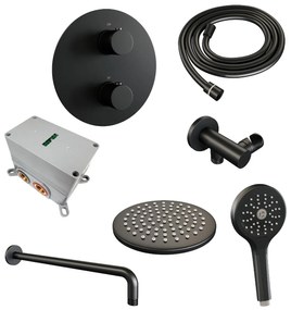 Brauer Black Edition thermostatische inbouw regendouche met 3 standen handdouche, gebogen muurarm en hoofddouche 20cm set 81 zwart mat