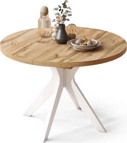 RENZO Wotan Eiken/witte poot - RONDE TAFEL Ø110 UITKLAPBAAR TOT 180 cm | VOOR DE KEUKEN EETKAMER WOONKAMER RETRO
