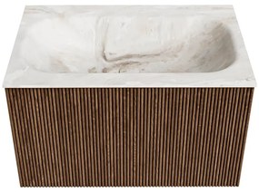 Mondiaz Kurve-dlux 70cm badmeubel walnut met 1 lade en wastafel big small midden 1 kraangat frappe