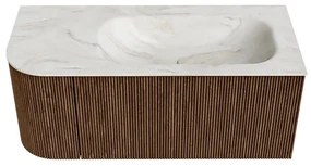 Mondiaz Kurve-dlux 105cm badmeubel ronding links walnut met 1 lade en deur en wastafel big small kraangat rechts ostra