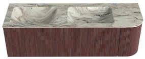 Mondiaz Kurve-dlux 145cm badmeubel ronding rechts ruby met 1 lade en deur en wastafel leaf dubbel/links zonder kraangat glace