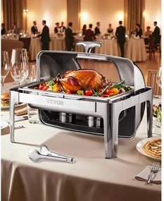 VEVOR Chafing Dish Set RVS Voedselwarmer met 2 Half-Size Pannen (3,9 L), Rechthoekige Warmtedispenser met Zichtbaar Deksel &amp; Waterpanstandaard &amp; Brandpastahouder, voor Feesten Zilver