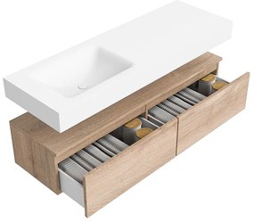 Zaro Alan badmeubel 140cm washed oak 2 lades met vrijhangende wastafel cloud links 1 kraangat talc