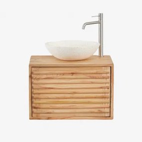 Deleyna Zwevend Houten Badkamermeubelset Natuurlijk Hout & Rond Cement Wit Ø40 Cm Zavion & Spiegelloze & Geborsteld Grijs ↑30 - Sklum