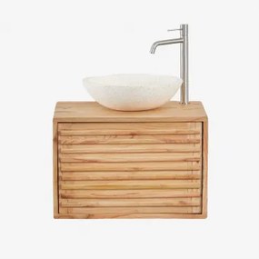 Hangend Badkamermeubelset 60x45 Cm In Hout Deleyna Natuurlijk Hout & Rond Cement Wit Ø40 Cm Zavion & Spiegelloze & Geborsteld Grijs ↑30 Cm Met Aftapkr