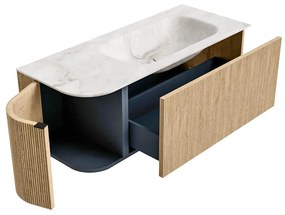 Mondiaz Kurve-dlux 115cm badmeubel ronding links oak met 1 lade en deur en wastafel big small kraangat rechts frappe