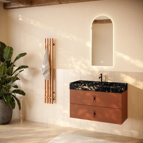 Muebles Murcia badmeubel ribbelfront 100cm terracotta met Portoro Gold wastafel met kraangat