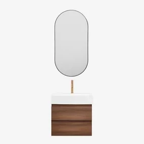 Badkamermeubelset Van Hout En Essenhoutfineer Met Geïntegreerde Wastafel Ona Donker Hout & Ovale Led En Anticondens Zwart 50x100 Cm Asteiro - Sklum