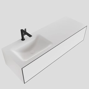 Zaro Lagom volledig naadloos solid surface onderkast 130cm mat zwart met 1 lade Push tot open. Compleet met solid surface wastafel met 1 kraangat(en)