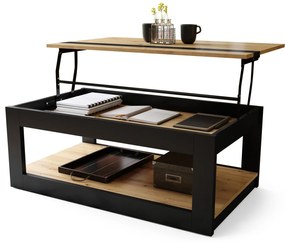 LUSSO Artisan Eik/Zwart mat - MODERNE SALONTAFEL MET VERHOOGD BLAD + OPBERGRUIMTE + SCHAP (OP WIELEN!)