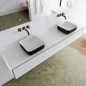 Zaro Lagom volledig naadloos solid surface onderkast met topblad 200cm mat zwart met 2 lades Push tot open. Compleet met solid surface opzetkom met 0 kraangat(en)