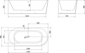Mexen Silo vrijstaande hoekbad links geribbeld 170 x 80 cm, wit, gouden geborstelde overloop - 52891708000L-55