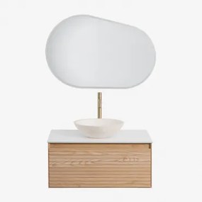 Tedrik Zwevend Badkamermeubelset Van Essenhout Ash Brown & Rond Cement Wit Ø40 Cm Zavion & Ovaal Led En Anticondens 100x80 Cm Riben & Geborsteld -