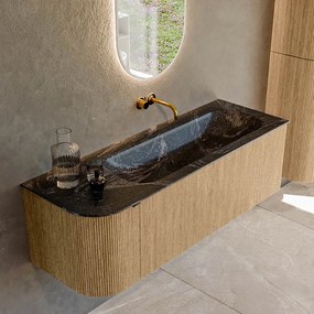 Mondiaz Kurve-dlux 135cm badmeubel ronding links oak met 1 lade en deur en wastafel big medium rechts zonder kraangat lava