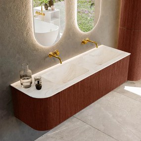 Mondiaz Kurve-dlux 155cm badmeubel ronding links ruby met 2 lades en 1 deur en wastafel leaf dubbel/rechts zonder kraangat ostra