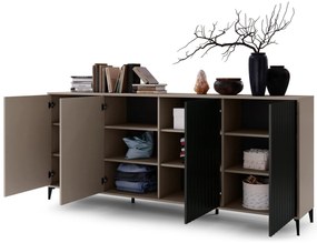 Commode RIMINI K-242, Taupe Beige/Mat Zwart - MODERNE KAST MET LADEN EN GERIBBELDE FRONTEN