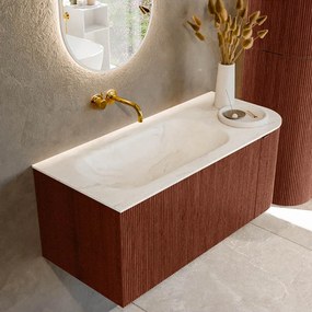 Mondiaz Kurve-dlux 105cm badmeubel ronding rechts ruby met 1 lade en deur en wastafel big small links zonder kraangat ostra