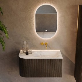 Mondiaz Kurve-dlux 85cm badmeubel ronding links shadow met 1 lade en deur en wastafel cloud rechts zonder kraangat opalo