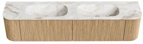 Mondiaz Kurve-dlux 200cm badmeubel ronding links/rechts oak met 2 lades en deuren en wastafel stor small dubbel 2 kraangaten frappe