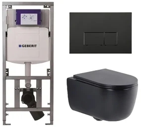QeramiQ Dely Swirl Toiletset - 36.3x51.7cm - Geberit UP320 Burda inbouwreservoir - slim zitting - mat zwarte bedieningsplaat - rechthoekige knoppen - mat zwart SW1000768/SW1026258/0701131/SW706189