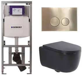 QeramiQ Dely Swirl Toiletset - 36.3x51.7cm - Geberit UP320 Burda inbouwreservoir - 35mm zitting - geborsteld messing bedieningsplaat - ronde knoppen - mat zwart 0701131/SW706200/SW1000769/SW106258