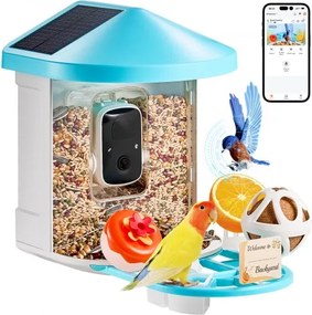 VEVOR Slimme Vogelvoeder met Camera, 2K HD AI Identificeert Meer dan 10.000 Vogelsoorten, Zonne-energie Aangedreven Vogelobservatiecamera met Automatische Opname en Directe Melding, Draadloos Buitencadeau voor Vogelliefhebbers (3 Zonnepanelen)