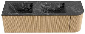 Mondiaz Kurve-dlux 145cm badmeubel ronding rechts oak met 1 lade en deur en wastafel leaf dubbel/links 2 kraangaten lava