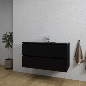 Adema Chaci Badkamermeubelset - 100x46x57cm - 1 keramische wasbak zwart - 1 kraangat - 2 lades - mat zwart SW1212776/SW761656