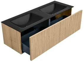 Mondiaz Kurve 130cm badmeubel oak met 2 lades en wastafel cloud dubbel 2 kraangaten urban