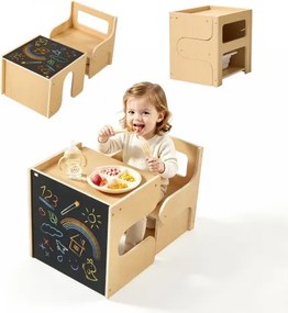 VEVOR Montessori tafel- en stoelenset, kinderzitgroep, houten kindermeubels, opstapje met krijtbord en opbergruimte, ideaal voor peuters van 1-5 jaar om te eten, tekenen, lezen en spelen.
