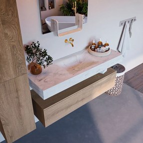 Mondiaz Alan DLux badmeubel 130cm washed oak 1 lade met wastafel opalo midden zonder kraangat