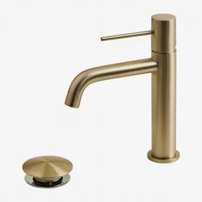 Orveta Click-clack Messing Wastafelkraan En Afvoerklepset ↑20 Cm & Klep Met Overloop & Geborsteld Goud - Sklum