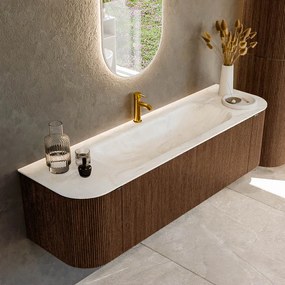 Mondiaz Kurve-dlux 160cm badmeubel ronding links/rechts walnut met 1 lade en 2 deuren en wastafel big medium midden 1 kraangat ostra