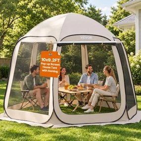 VEVOR Campingtent, 304,8 x 280,4 cm, pop-up tent met uitschuifbare luifel, draagbare partytent voor 4-8 personen met draagtas en zijwanden, voor terras en buitenactiviteiten, beige