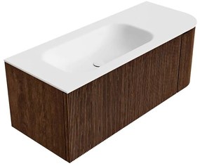 Mondiaz Kurve 115cm badmeubel ronding rechts walnut met 1 lade en deur en wastafel big small links zonder kraangat