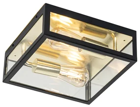 Industriële buiten plafondlamp zwart met goud 2-lichts - Rotterdam Industriele / Industrie / Industrial E27 Buitenverlichting vierkant