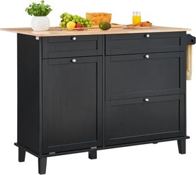 VEVOR Keukeneilandwagen, 128 cm ontbijtbar met houten blad en uitklapbare afvalbak, 10 gallon opbergruimte, landelijke eetkamer-/woontafel met uitklapbaar blad, handdoekhouder, lade, zwart