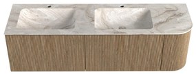 Mondiaz Kurve-dlux 155cm badmeubel ronding rechts dusk met 2 lades en 1 deur en wastafel leaf dubbel/links 2 kraangaten frappe