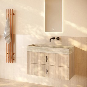 Muebles Murcia badmeubel ribbelfront 100cm naturel eiken met White Travertin wastafel zonder kraangat