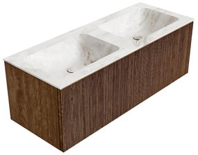 Mondiaz Kurve-dlux 120cm badmeubel walnut met 1 lade en wastafel leaf dubbel 2 kraangaten frappe