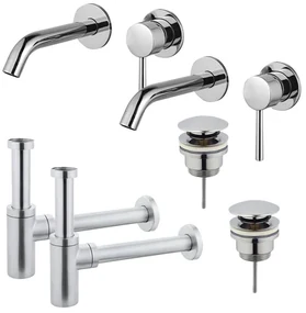 Fortifura Calvi Wastafelkraanset - voor dubbele wastafel - inbouw wastafelkraan - klikwaste plug - design sifon - Chroom 2x SW377814/2x SW696203/2x SW696214