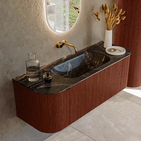 Mondiaz Kurve-dlux 130cm badmeubel ronding links/rechts ruby met 1 lade en 2 deuren en wastafel big small midden zonder kraangat lava