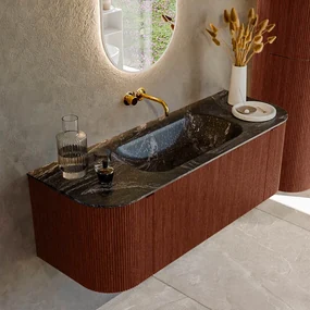 Mondiaz Kurve-dlux 130cm badmeubel ronding links/rechts ruby met 1 lade en 2 deuren en wastafel big small midden zonder kraangat lava